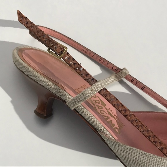 Ferragamo Snakeskin & Canvas Mules / Slingbacks - Picture 6 of 9